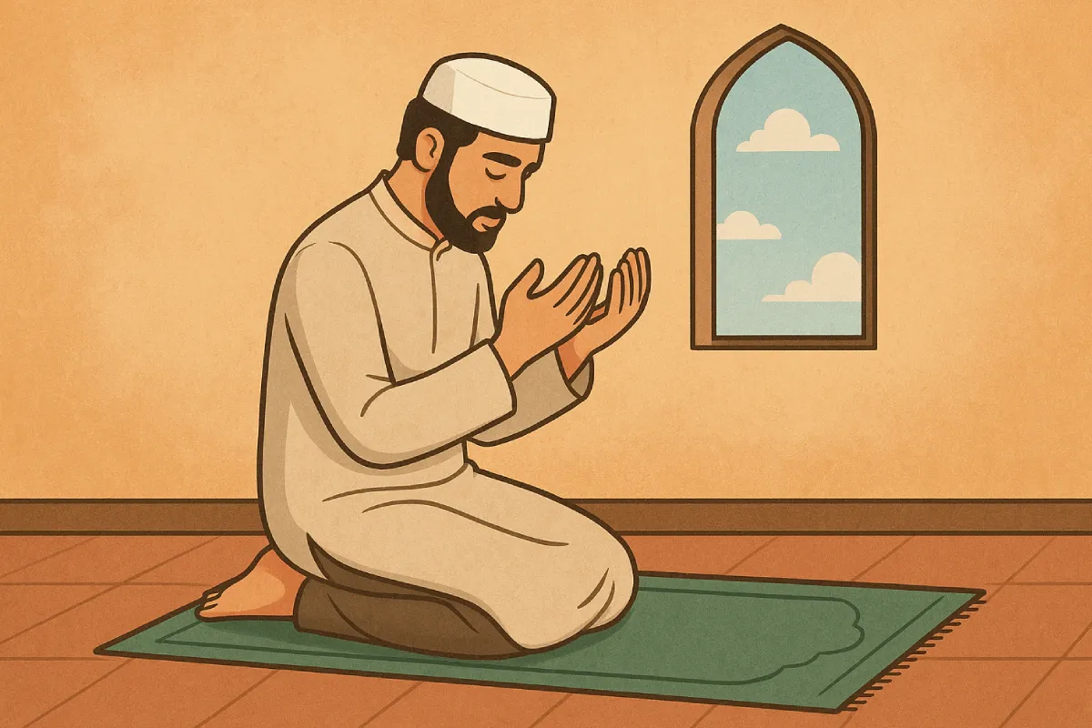 amalan akhir bulan Safar dengan suasana malam yang tenang, seorang pria sedang shalat sunnah di atas sajadah, dikelilingi lampu kecil dan Al-Qur’an terbuka sebagai simbol ketakwaan.