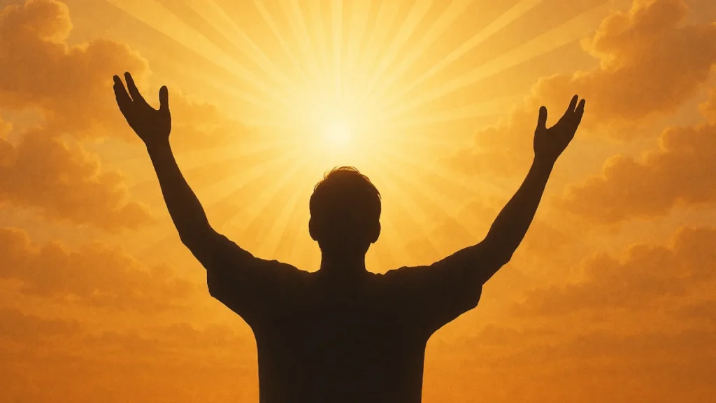 Siluet seorang pria dengan tangan terangkat ke langit senja yang bersinar seperti matahari, melambangkan penerimaan anugerah dari kekuatan yang lebih tinggi.