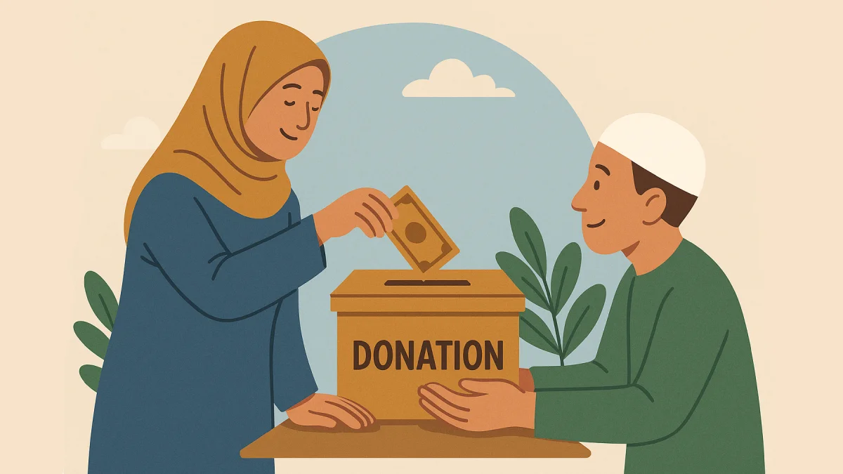 Seorang wanita berhijab menyerahkan uang ke dalam kotak donasi bertuliskan "DONATION", ditemani seorang pria berpeci sebagai simbol sedekah jariyah yang memberikan pahala berkelanjutan bagi yang memberi.