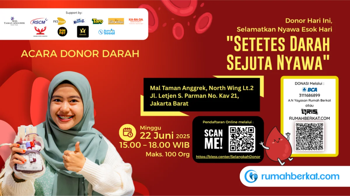 Mari bergabung dalam kegiatan Donor Plasma Darah pada 22 Juni 2025 di Mal Taman Anggrek, Jakarta Barat. Dukung kesehatan bersama melalui tindakan bermakna ini.