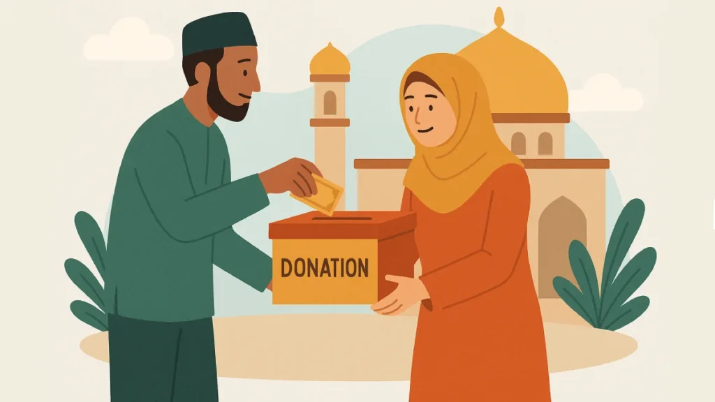 Seorang pria dan wanita berpakaian muslim menyerahkan uang ke dalam kotak donasi bertuliskan "DONATION", dengan masjid sebagai latar belakang sebagai simbol sedekah jariyah yang memberikan pahala berkelanjutan bagi yang memberi.