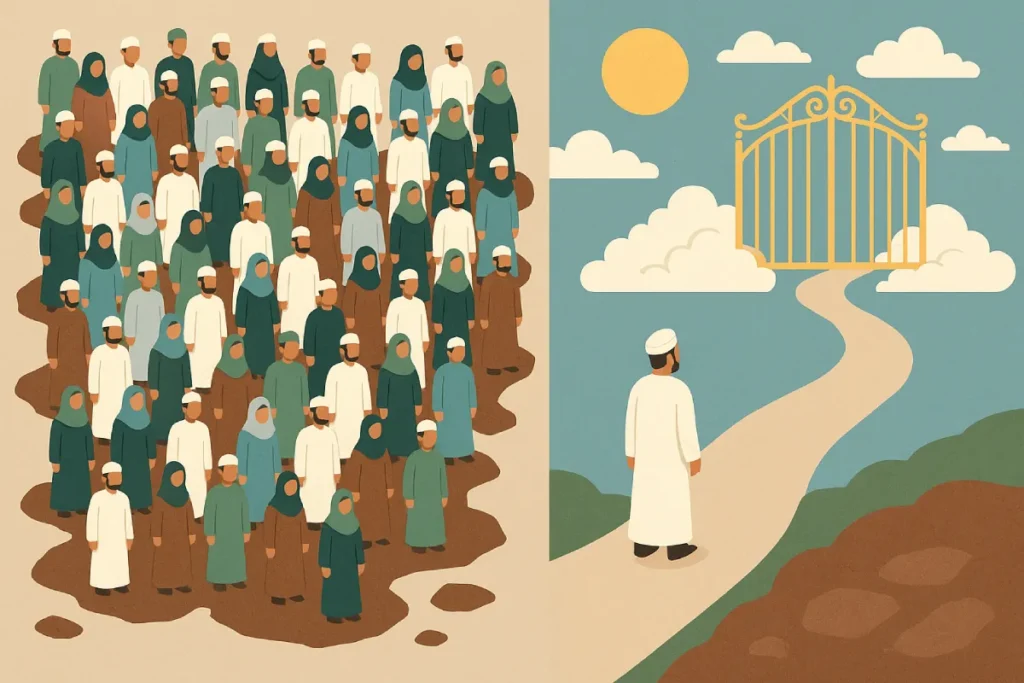 Konseptual 73 Golongan Islam Tapi Hanya Satu Golongan yang Masuk Surga yang menggambarkan keragaman jalan spiritual dalam umat Islam dengan satu jalur yang tetap lurus sesuai Al-Qur’an dan Sunnah.