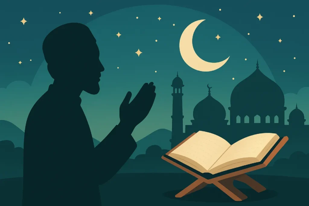 amalan bulan Safar dengan suasana malam yang tenang, Al-Qur’an terbuka, dan tangan yang berdoa, menggambarkan ketenangan dan kedekatan dengan Allah di awal tahun Hijriah.