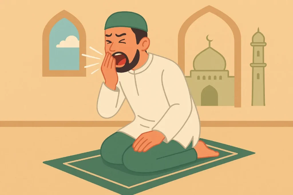 Seorang pria sedang sholat tiba-tiba bersin, langsung menahan sebentar lalu melanjutkan ruku’, menunjukkan bagaimana bersin saat sholat ditangani sesuai tuntunan.