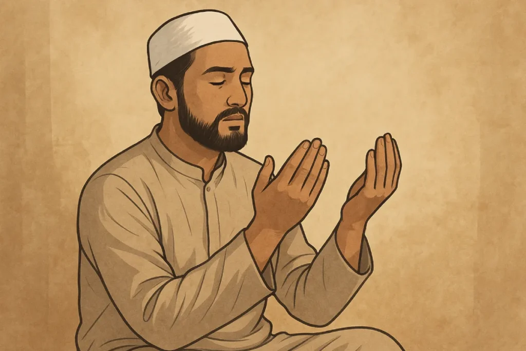 Cara Mengamalkan Hasbunallahu wa ni mal wakil dengan seseorang dalam keadaan tenang di tengah badai simbolis, menggambarkan keteguhan hati dan tawakal kepada Allah.