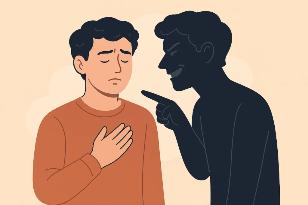 Ilustrasi konseptual Memahami Ego dalam Diri melalui dialog antara diri sadar dan sisi gelap yang menggambarkan proses introspeksi.