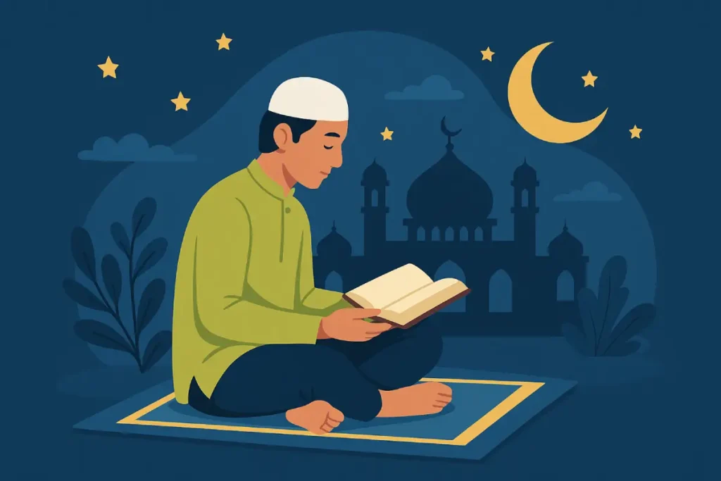 Seorang pria sedang membaca Al-Quran di malam hari dengan latar bulan sabit dan masjid, menggambarkan amalan di awal bulan Rabiul Awal.