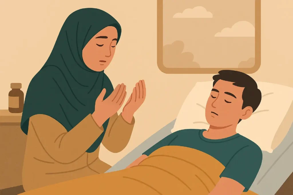 Seorang wanita sedang berdoa untuk pasien yang sakit di tempat tidur, mengungkapkan doa "As alullaahal azhiim rabbal arsyil azhiim an yasyfiyaka".