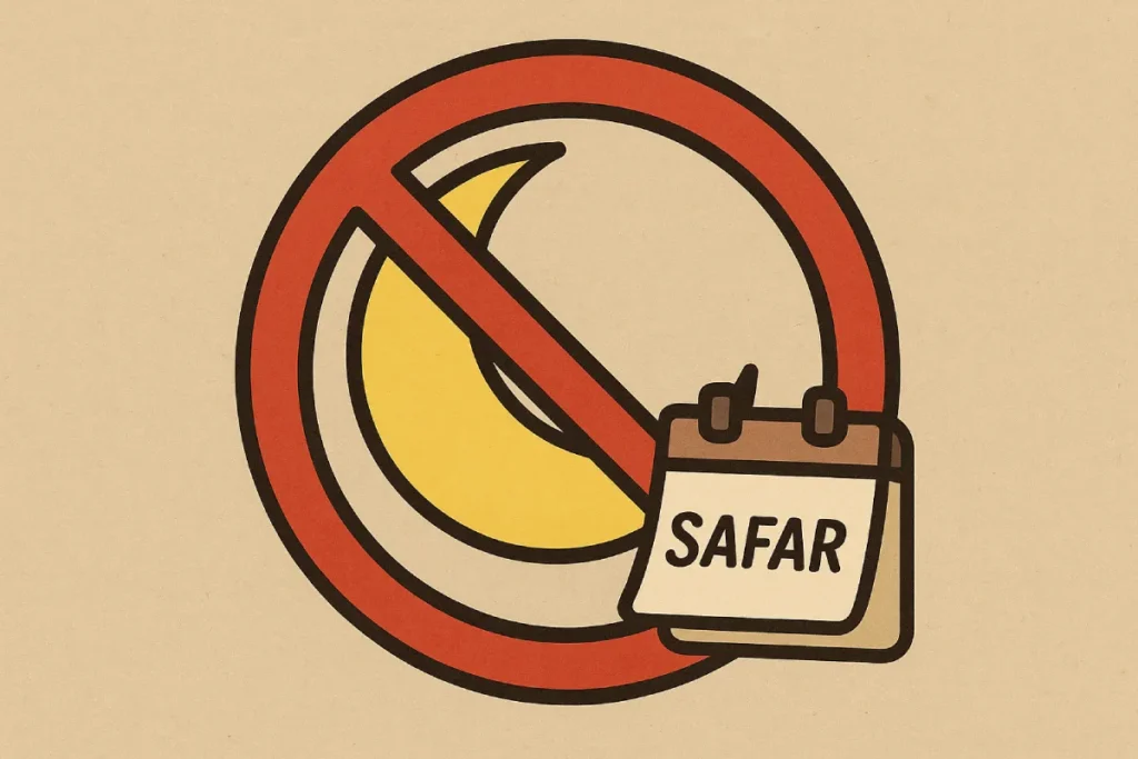 Simbol larangan merah dengan bulan sabit dan kalender bertuliskan SAFAR menggambarkan kepercayaan yang salah tentang larangan bulan Safar dalam ajaran Islam