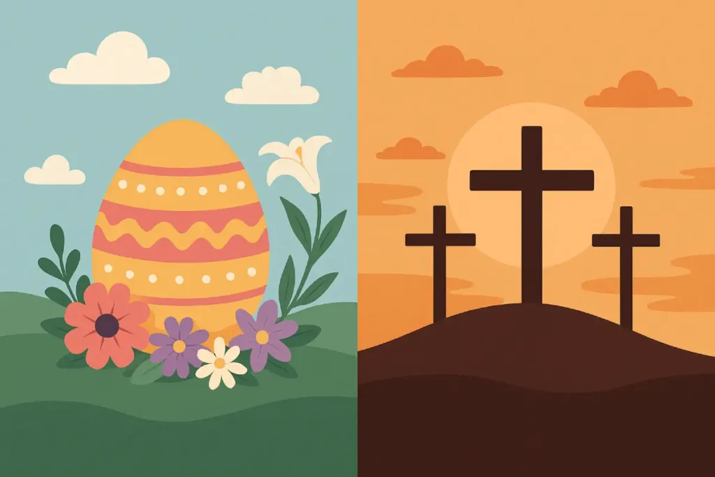 Ilustrasi dua sisi: satu menampilkan salib di bawah langit kelam (Jumat Agung), satunya telur Paskah dan makam kosong (Paskah), menggambarkan makna Paskah dan Jumat Agung.