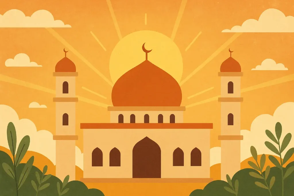 Ilustrasi masjid dengan sinar matahari terbit di belakang, menggambarkan keagungan hari Sayyidul Ayyam.