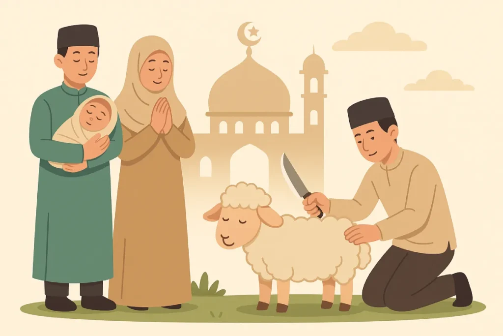 Ilustrasi keluarga muslim sedang mempersiapkan hewan aqiqah sambil memegang bayi, menggambarkan pelaksanaan tata cara aqiqah dalam Islam secara syar’i.