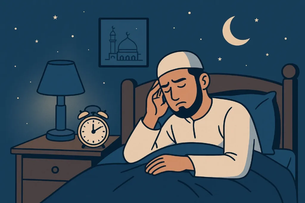 Seorang pria terlihat kesulitan tidur di tempat tidurnya, dengan tangan memegang dahinya, menunjukkan pentingnya menerapkan Tips Agar Cepat Tidur dalam Islam untuk mendapatkan kualitas istirahat yang baik.