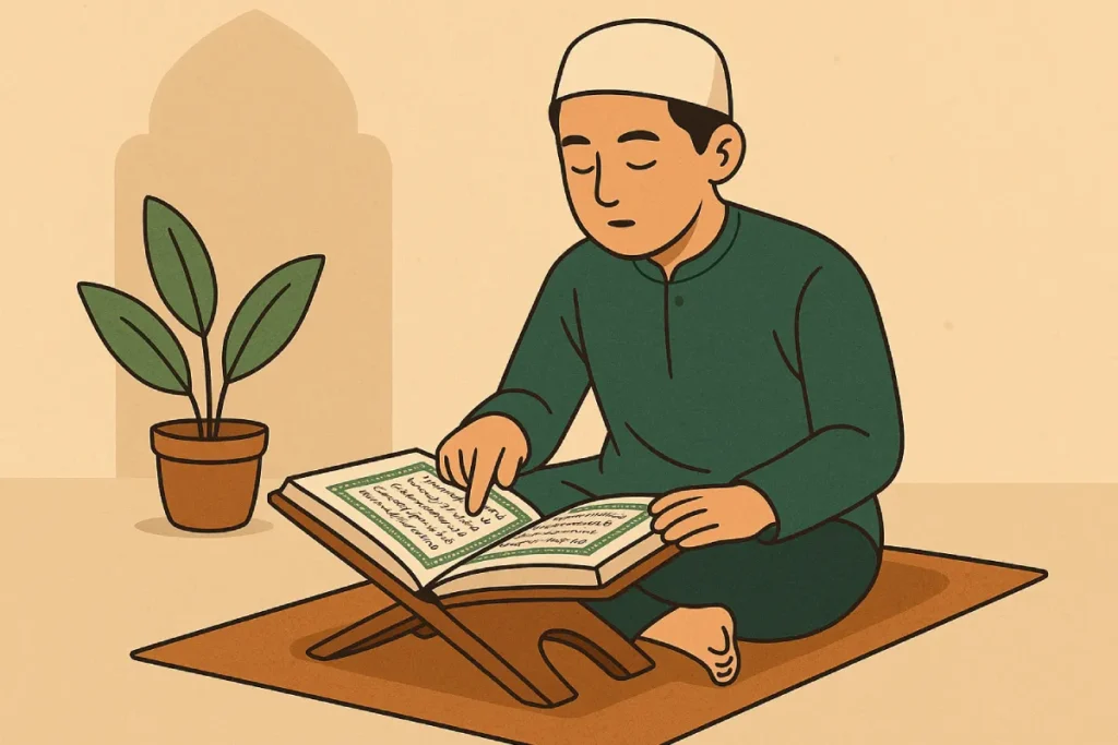Seorang pria duduk tenang di masjid sambil membaca Alquran pada pagi hari Jumat menunjukkan ibadah yang penuh ketenangan dan keberkahan