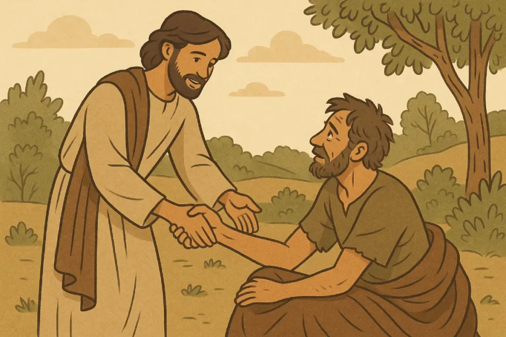 Seorang pria membantu seorang lainnya yang duduk di tanah dengan tangan terbuka, mencerminkan aksi berbuat baik dalam kehidupan sehari-hari.