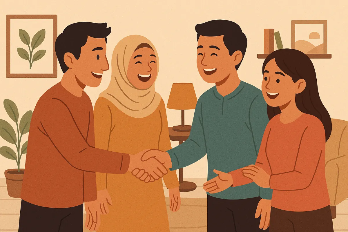 Seorang pria dan wanita saling berjabat tangan dengan senyuman hangat, sementara pasangan lainnya berdiri di belakang mereka, menunjukkan momen mempererat silaturahmi sebagai salah satu amalan terbaik di hari Jumat.