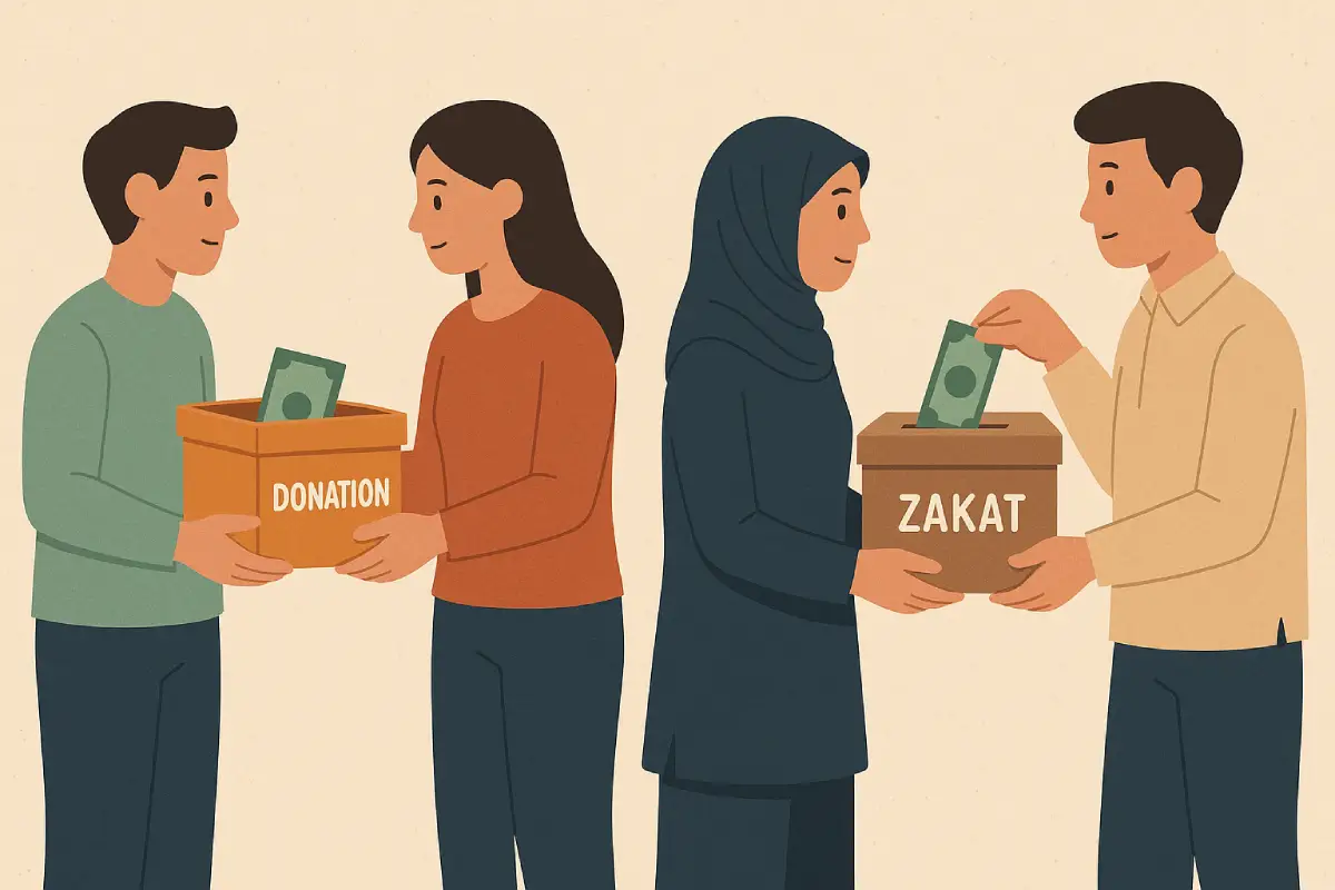 Donasi dilakukan secara sukarela untuk membantu sesama, sementara zakat adalah kewajiban bagi yang mampu dalam Islam.